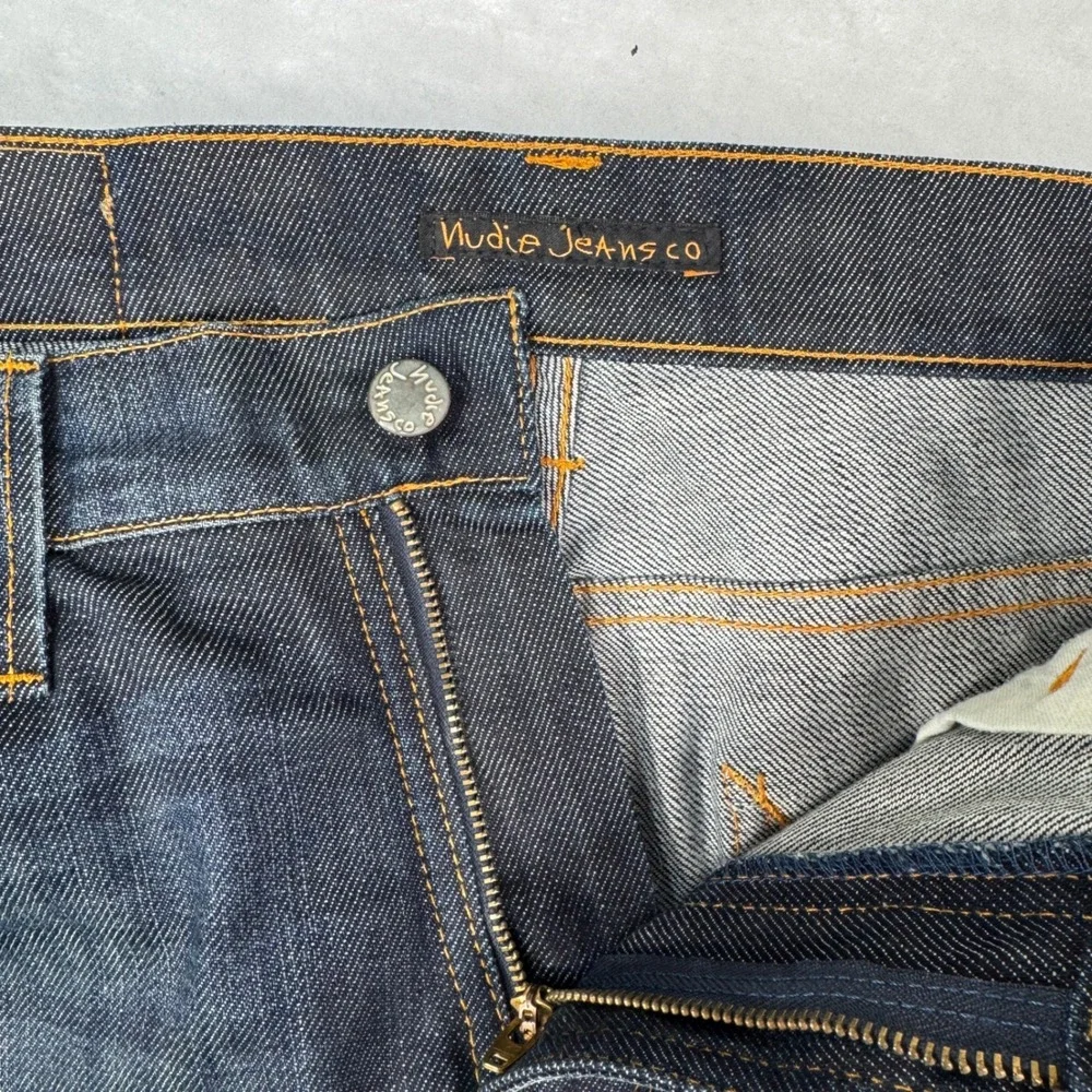 Nudie Jeans Co Slim Jim Dry Indigo Denim Jeans Mens 33x34 Orange Stitch